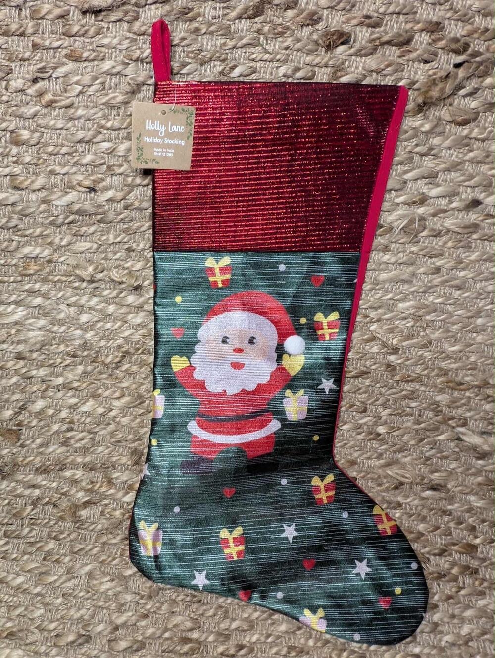 New Santa Christmas Stocking Green Red Shimmer Holiday Holly Lane 20"